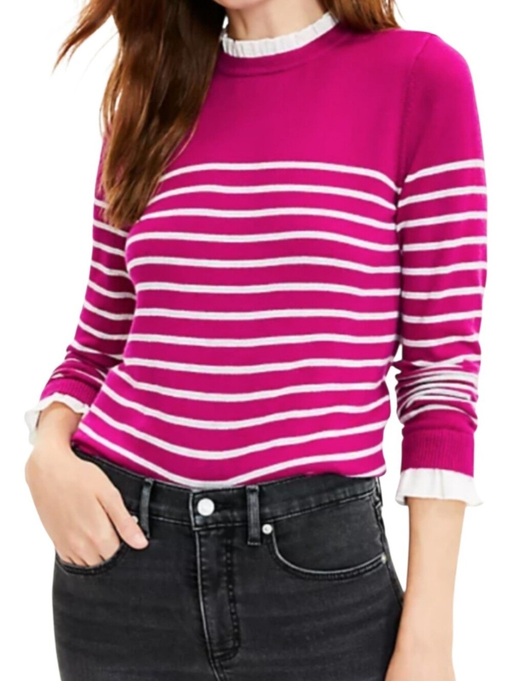 LOFT Fuschia Pink & Light Gray Stripe Ruffle Neck Sweater Size XL